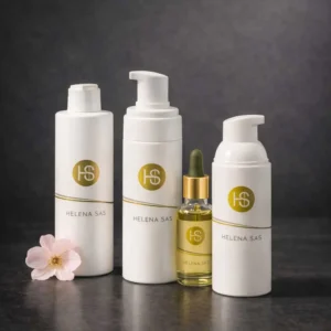 Productos del Ritual Antiedad Renew de Helena SAS con sérum y cremas sobre encimera de baño iluminada