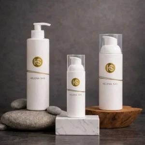 Tres productos de Helena SAS sobre piedra, mármol y madera como parte del ritual de hidratación profunda